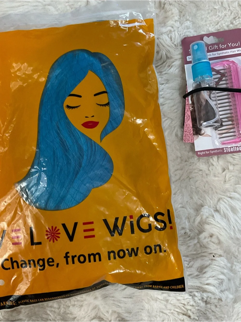 NWT vibrant blue cosplay wig, shoulder length with bangs, includes extras in pic